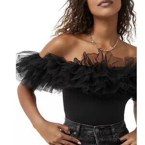 Free People Tulle Ruffle Off Shoulder Bodysuit Black Lace Trim Large NWT - NEW